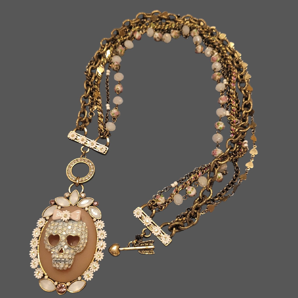Enamel Skull Pendant Necklace with Floral Accents