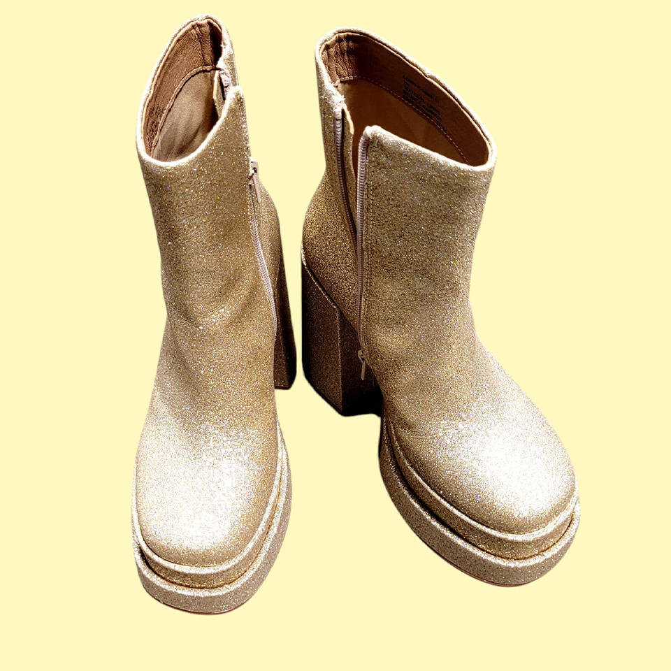 Shimmering Metallic Block Heel Ankle Boots