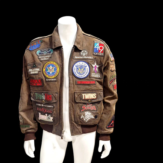 Vintage Distressed Leather Patch Bomber Jacket